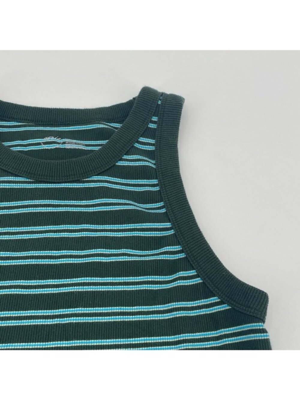 Aerie Women’s Size XL Green White Blue Striped Rib Knit Crop Tank Top Raw Hem - Picture 6 of 10
